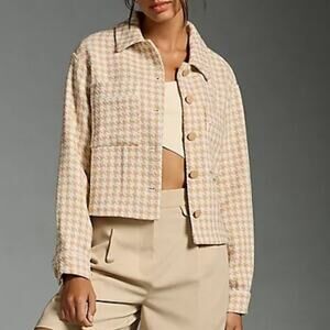 Anthropologie Dolan Tan White Houndstooth Knit Boxy Crop Jacket